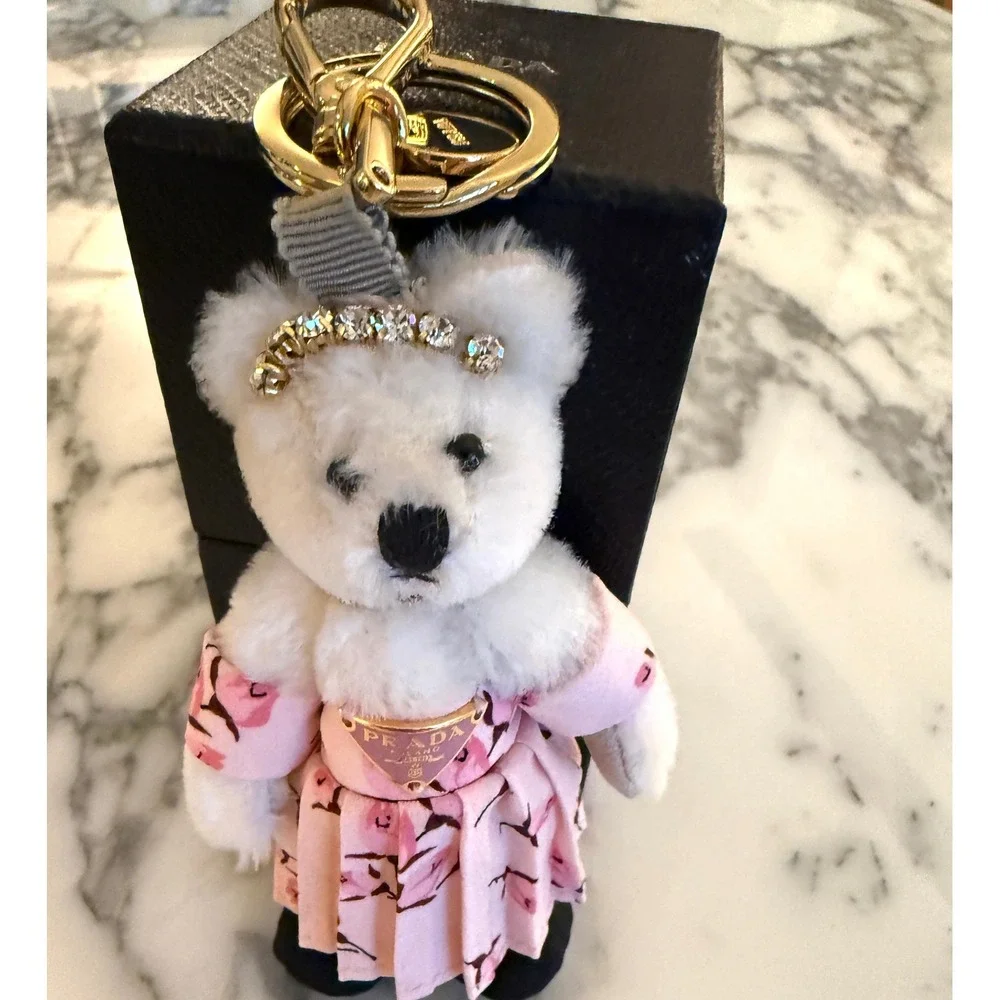 Prada Trick Orsetto Mary Rose Bear Keychain Charm Bianco Pink Floral 1TR046